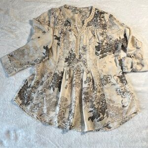 Vintage America Women Sz M Shirt Boho Brown Cream Floral Crochet Trim Roll Sleve